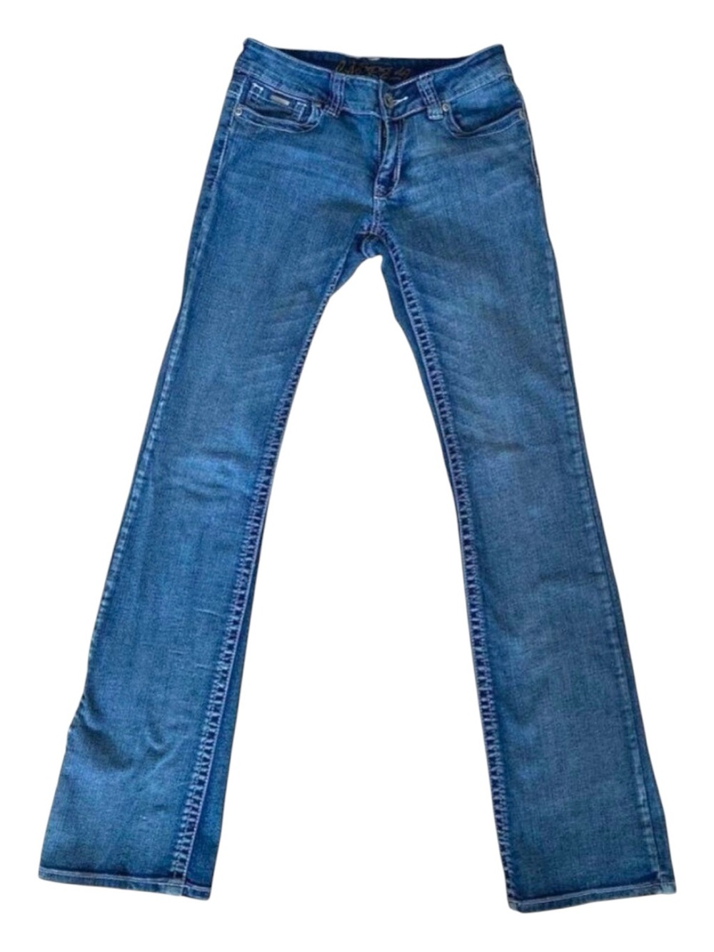 Miss Carreli jeans low rise boot cut contrasing stitches stretchy blue denim 27